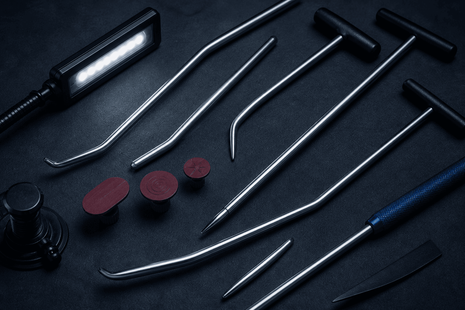 Precision automotive repair tools on a charcoal work surface