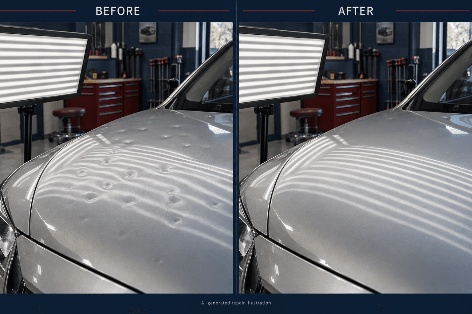AI-generated comparison of hail dents and a smooth hood under matching inspection lights