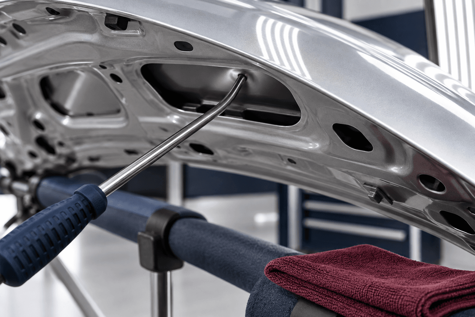 Paintless dent repair rod reaching through an existing access opening behind a silver panel