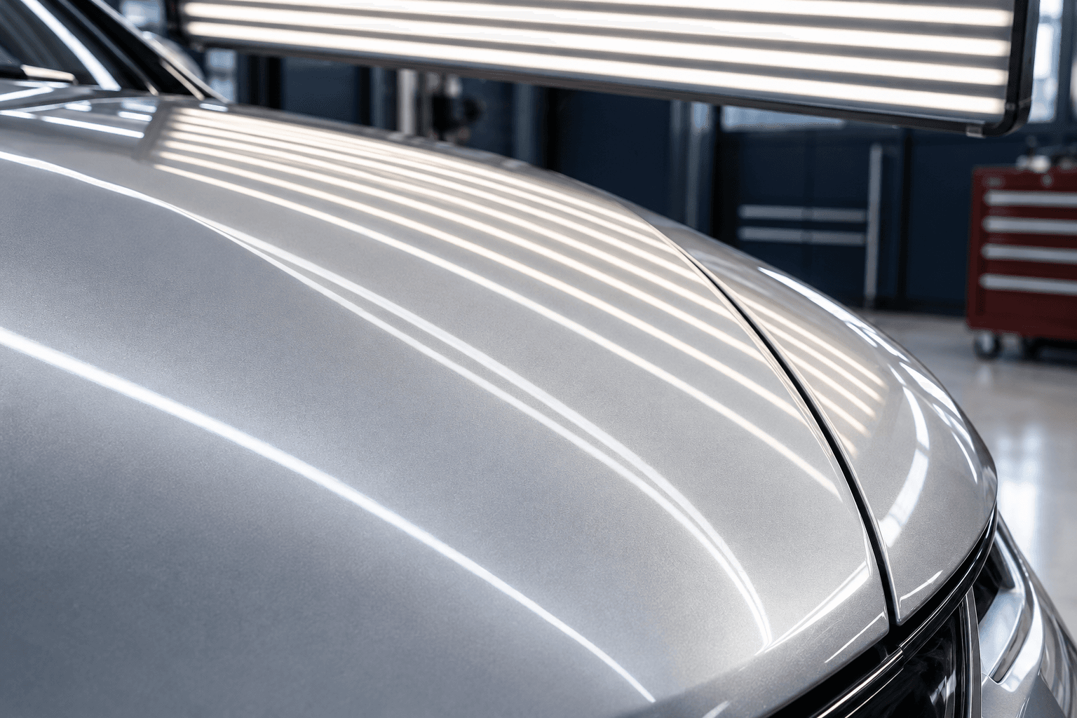 Inspection-light reflections running across a silver hood